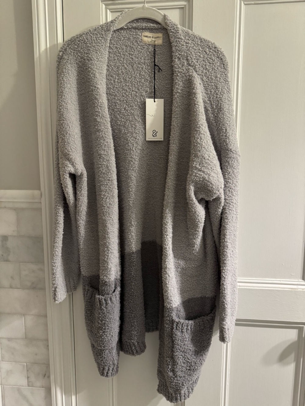Thread & Supply Light Gray Bouclé Open Front Cardigan with Dark Gray Pockets